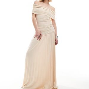 Lioness knit ruched bardot drop waist pleated maxi dress‎ in beige Womens Size M